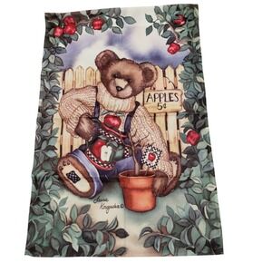 Laurie Korgaden Apple Teddy Bear Garden Flag Country Folk Art 23x36 Vintage